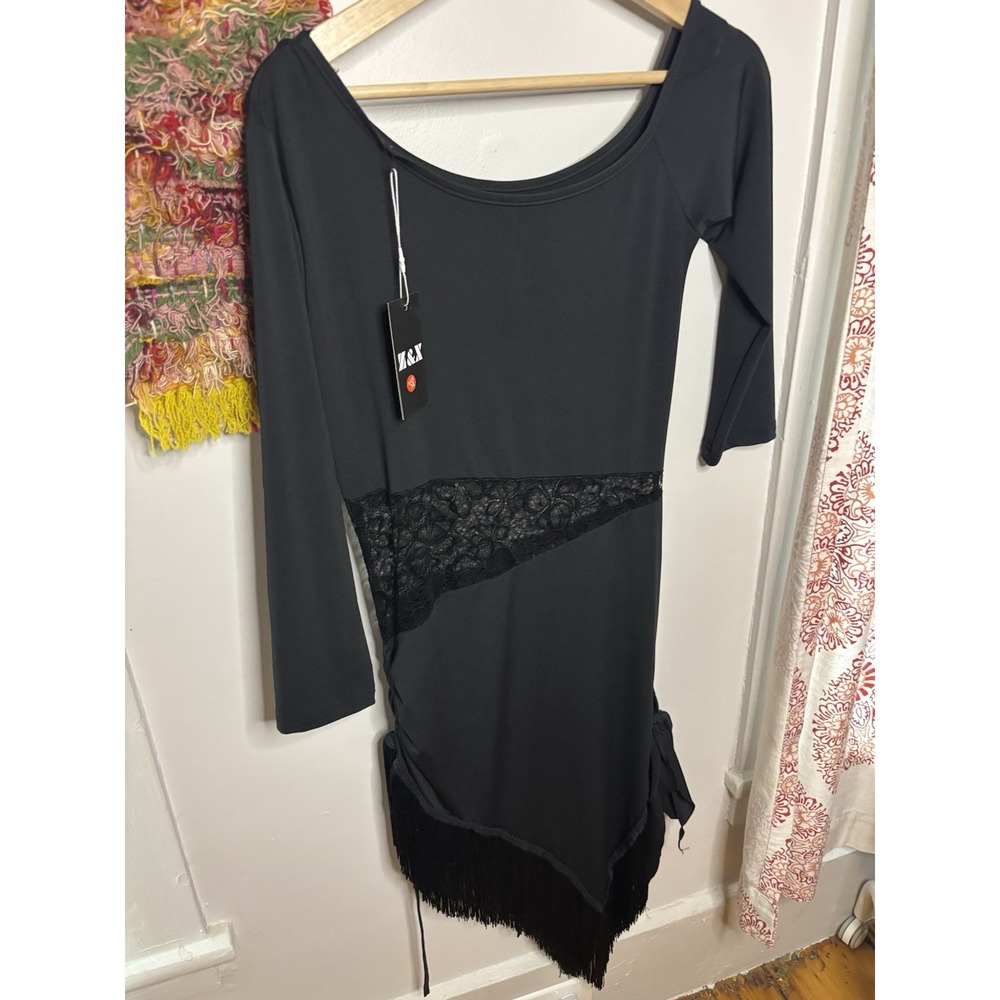 Z&X Flapper Fringe Dress 1920s Gatsby Black Lace Salsa Latin Dance M NWT
